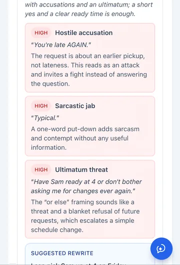 Comms Guard reviewing a draft reply: three high-severity flags (hostile accusation, sarcastic jab, ultimatum threat), each quoting the words and explaining why, above a suggested rewrite.