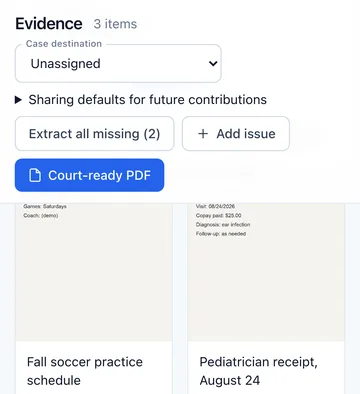 The Evidence screen: buttons to extract missing text, add an issue and build a print-ready PDF, above evidence cards for a soccer practice schedule and a pediatrician receipt.
