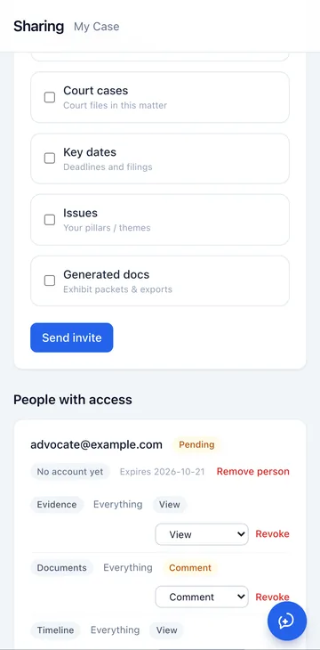 The Sharing screen: an advocate invited by email, with separate View, Comment and Revoke controls for evidence, documents and the timeline.