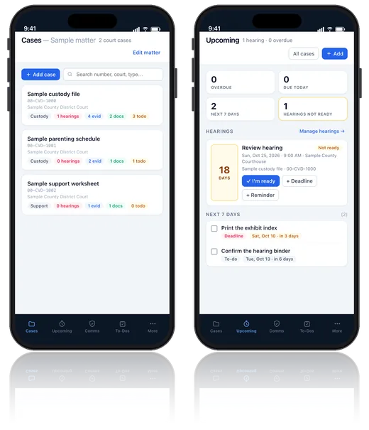 Two iPhones showing Custody Commander. One screen is the Cases list. The other is Upcoming, with a hearing countdown and the next tasks.