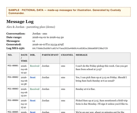 Sample page from a Custody Commander message log, made with fictional data: a header with the conversation, date range, message count and SHA-256 fingerprint, then a table of numbered messages (MSG-00001 onward) with date, time, sent or received, participant, channel and the message text.